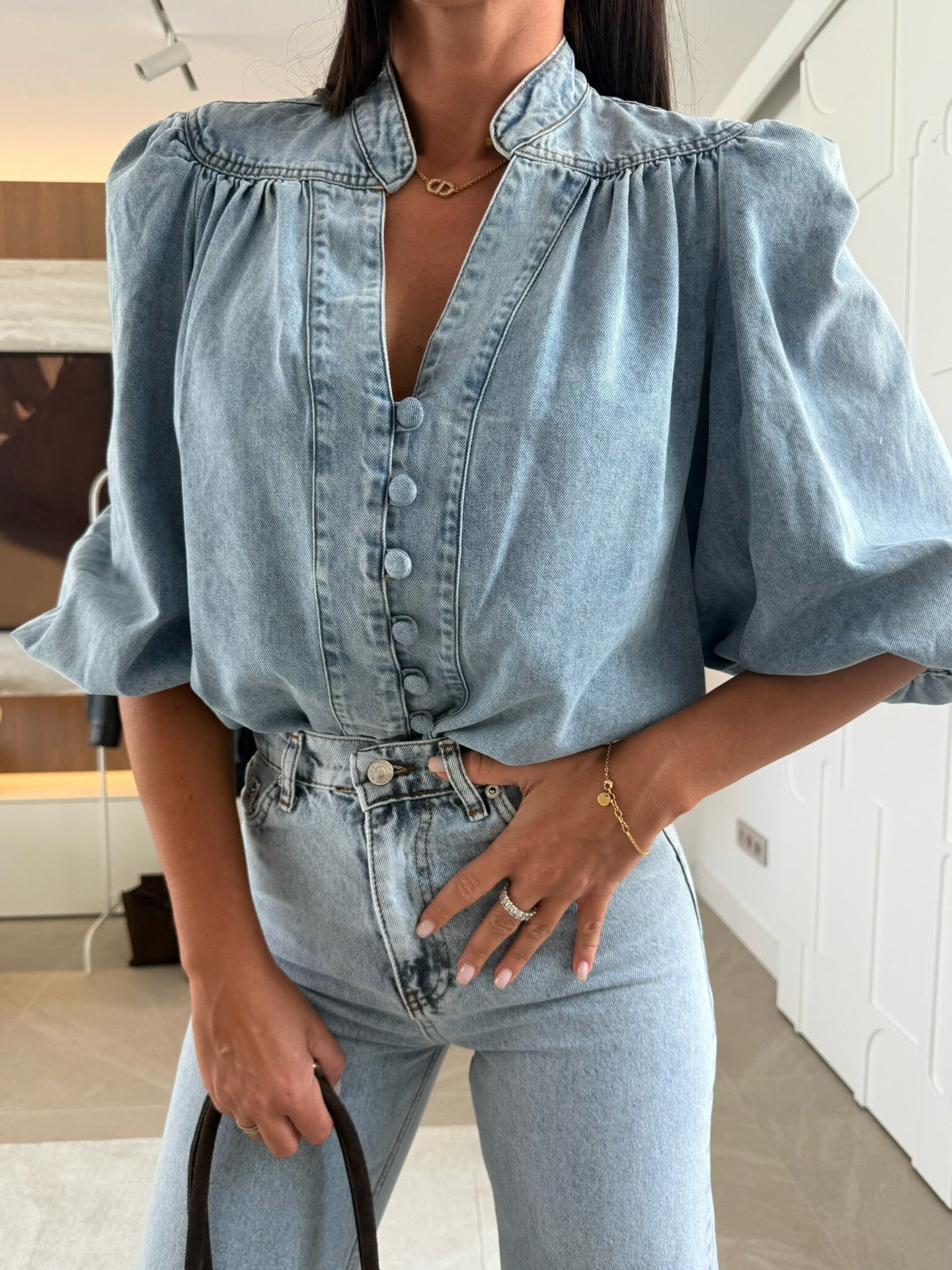 Blusa Denim Puff Button