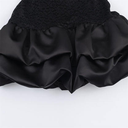 Vestido “Black Ruffle” | Corto sin mangas con encaje y volante satinado - Lovelys