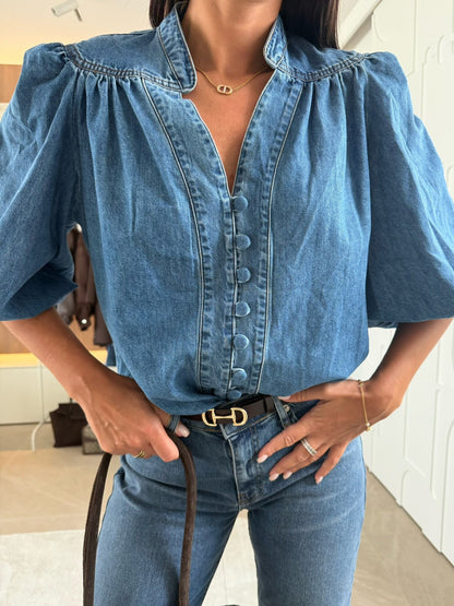 Blusa Denim Puff Button