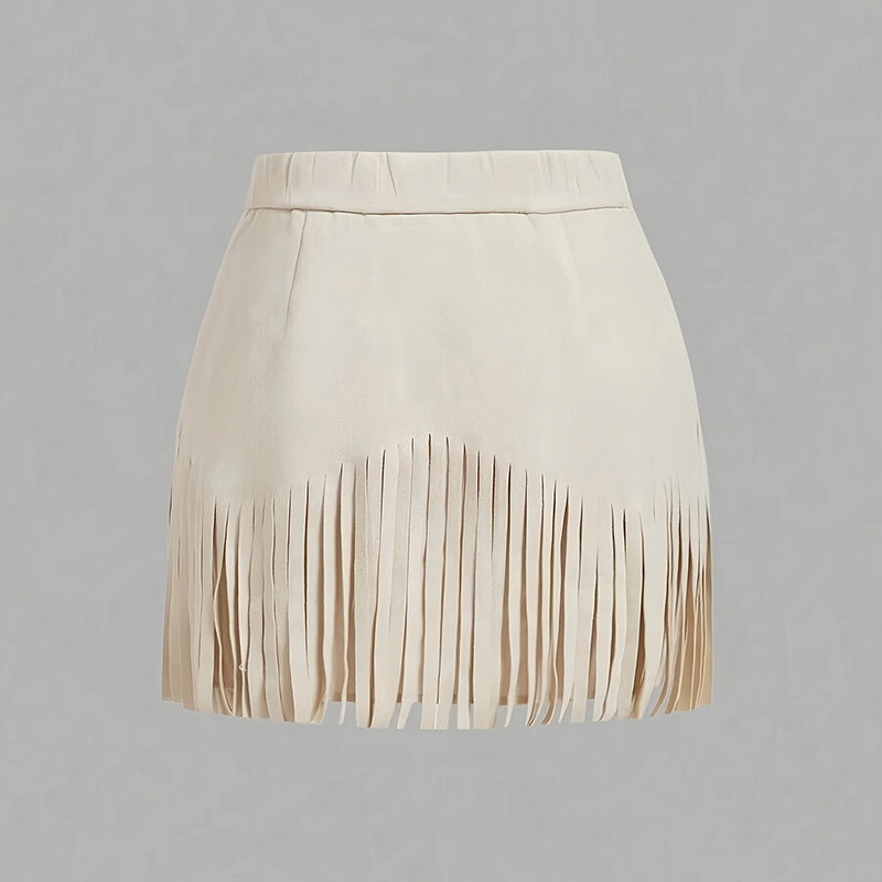 Falda Mini con Flecos – Estilo Western, Corte en A y Botones Decorativos