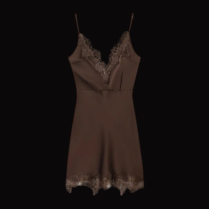 Vestido satinado “Lace Brown” con encaje | Estilo lencero con tirantes finos - Lovelys