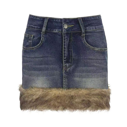 Falda “Denim Fur” con borde de pelo - Lovelys