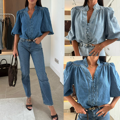 Blusa Denim Puff Button
