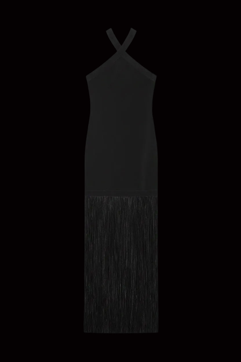 Vestido “Noir Fringe” | Largo con tirantes cruzados y flecos elegantes - Lovelys