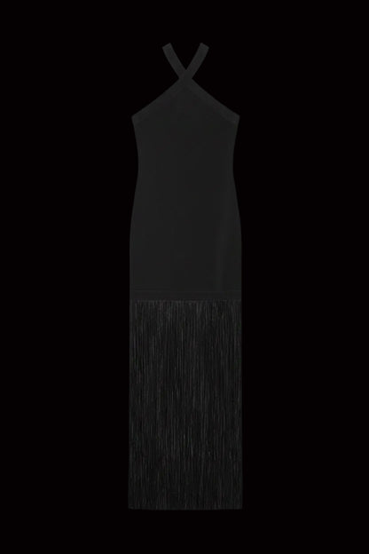 Vestido “Noir Fringe” | Largo con tirantes cruzados y flecos elegantes - Lovelys