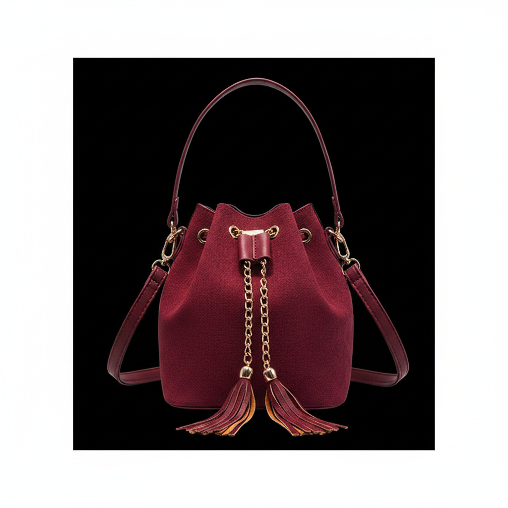 Bolso bandolera rojo tipo bucket con cadena y borla sobre fondo negro