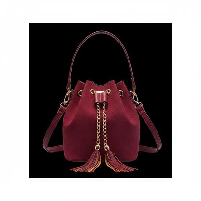 Bolso bandolera rojo tipo bucket con cadena y borla sobre fondo negro