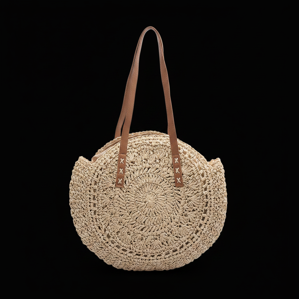 Bolso Redondo Rafia Beige fondo negro