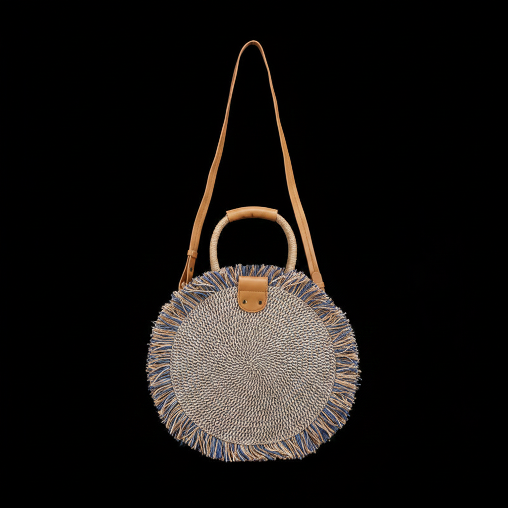 Bolso Redondo Rafia Flecos Azul