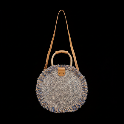 Bolso Redondo Rafia Flecos Azul
