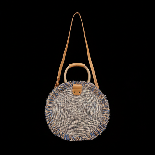 Bolso Redondo Rafia Flecos Azul