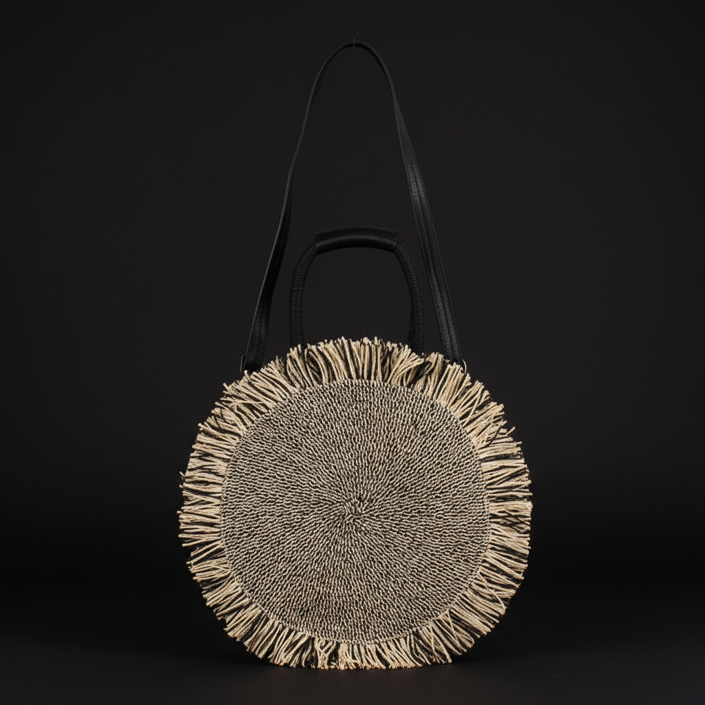 Bolso Redondo Rafia Flecos Negro