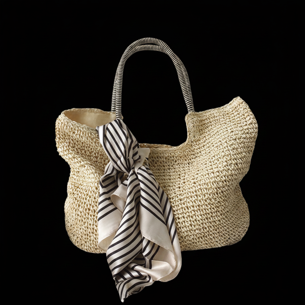 Bolso Tote Rafia Beige fondo negro