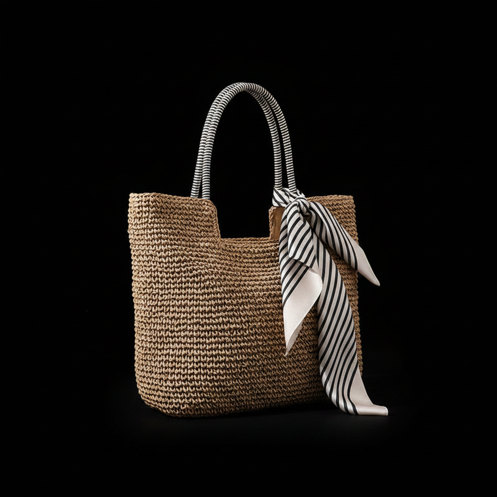 Bolso Tote Rafia con pañuelo fondo negro