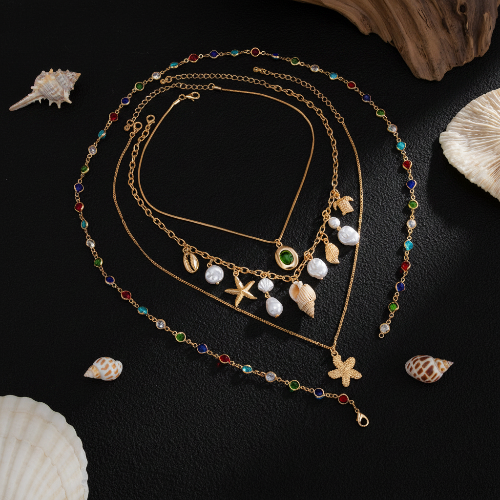 Set collares — lifestyle conchas fondo negro