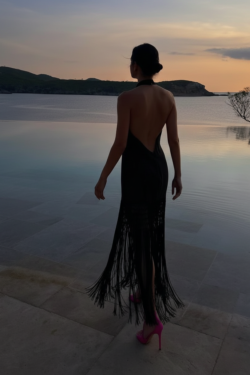 Vestido Ébano Flecos - Espalda Lovelys